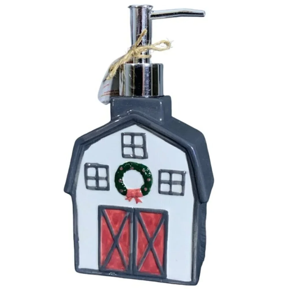 Holiday Soap Dispenser Barn  Farmhouse Plaid Dish Cloth Red White Gift Set 5 PC